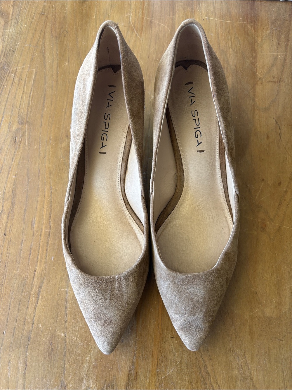 Via Spiga Nude/Taupe Suede Pointed Toe Kitten Heels
